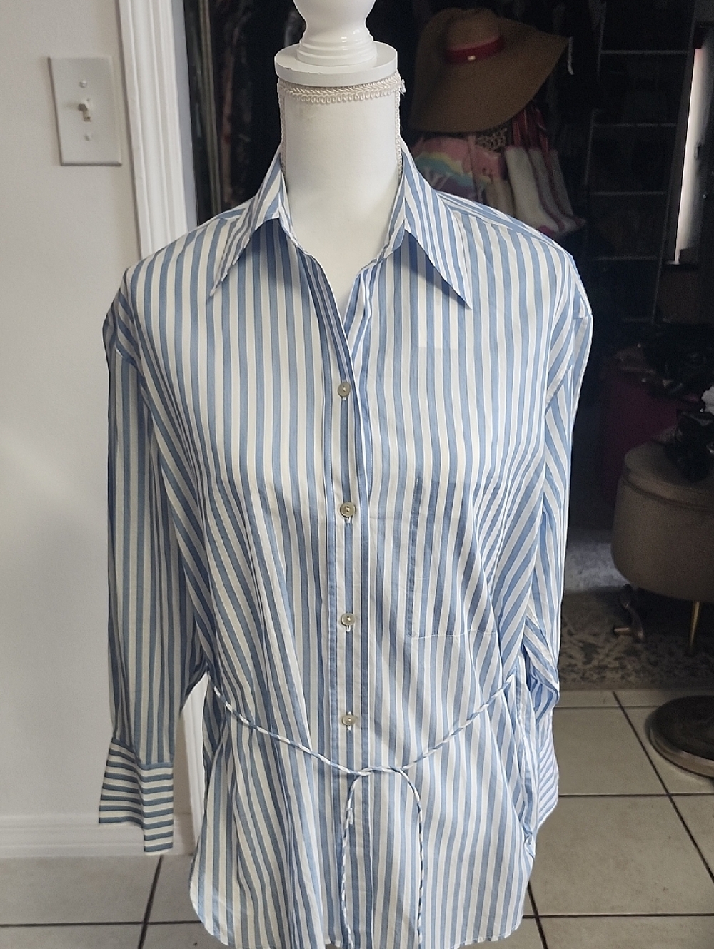 Vince Blue and White Striped Button-Up Shirt